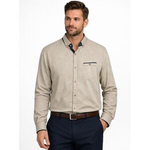 Brunswick Garments Men's Classic Fit Button Down Shirt Tan Navy Polka Dot Size L